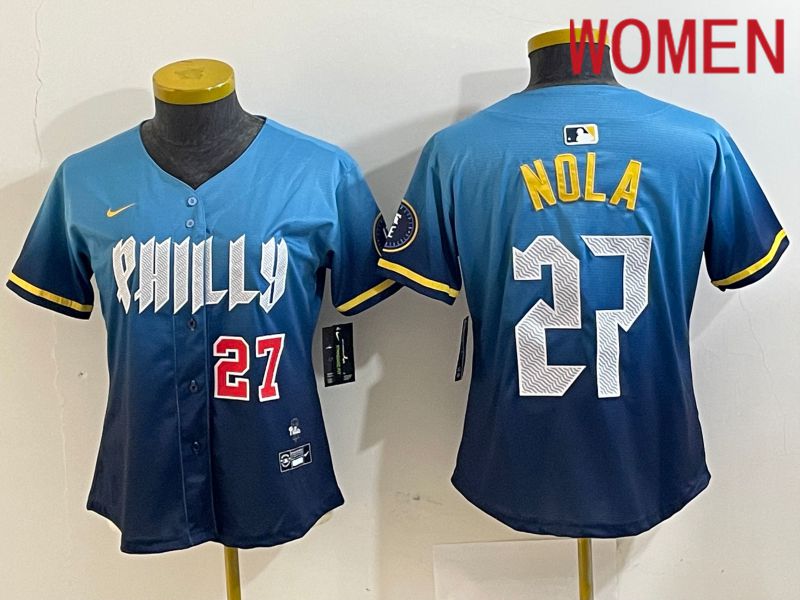 Women Philadelphia Phillies 27 Nola Blue City Edition Nike 2024 MLB Jersey style 4